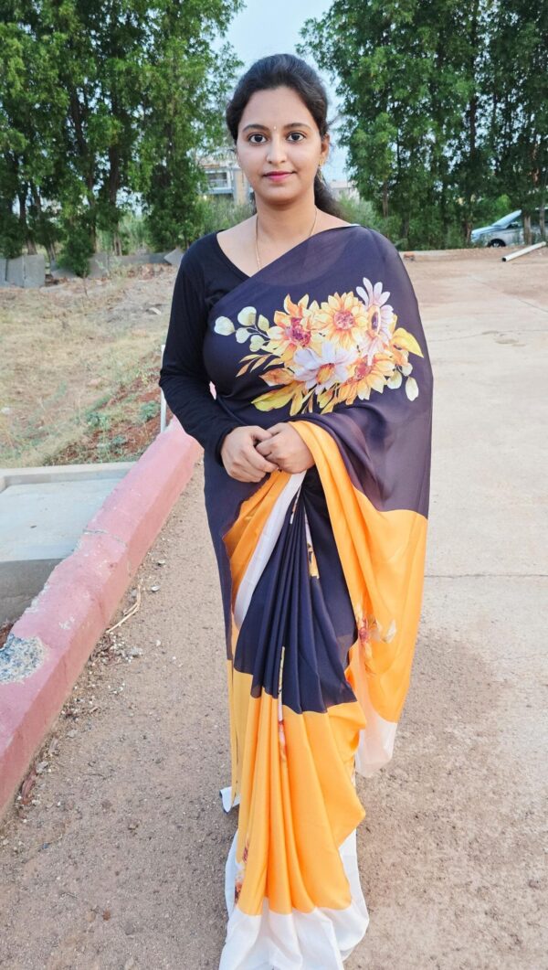 Satin georgette saree with black and yellow combination