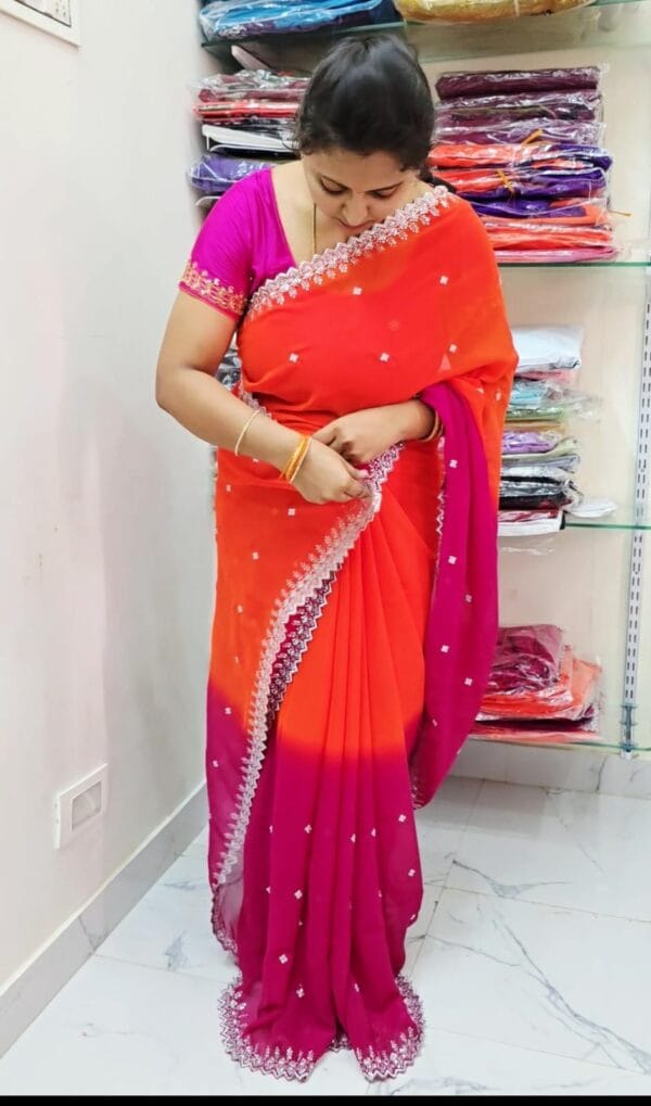 Georgette saree with silver threadwork and sequence work